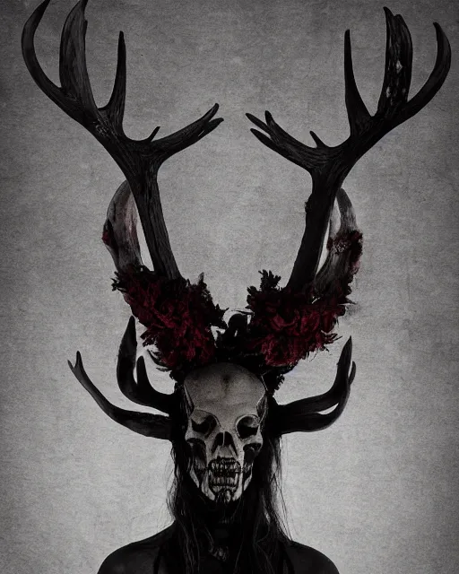 Image similar to deer - skull ghost - spirit of the grim - warpaint wears the scarlet skull armor and native blood headdress antlers, midnight fog - mist!, cinematic lighting, various refining methods, micro macro autofocus, ultra definition, award winning photo, photograph by ghostwave - gammell - giger - shadowlord