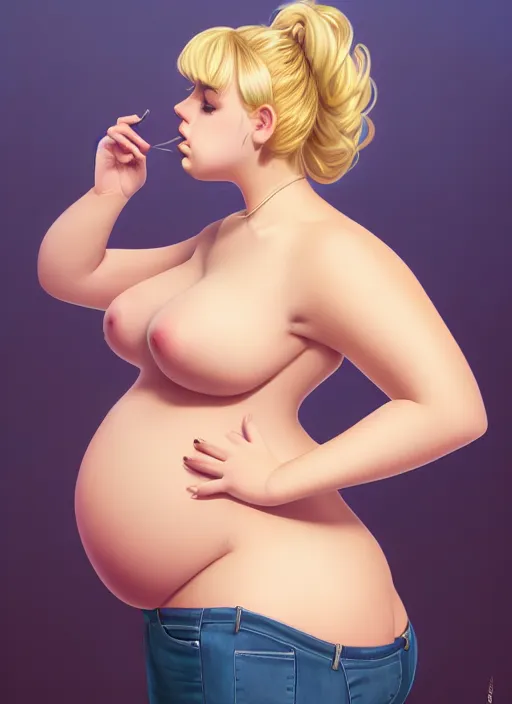 Image similar to full body teenage betty cooper, blonde hair, obese, bangs, ponytail, sultry, realistic, sultry smirk, ponytail, fluffy bangs, curly bangs, fat, belly, beautiful girl, intricate, elegant, highly detailed, digital painting, artstation, concept art, smooth, sharp focus, illustration, art by wlop, mars ravelo and greg rutkowski