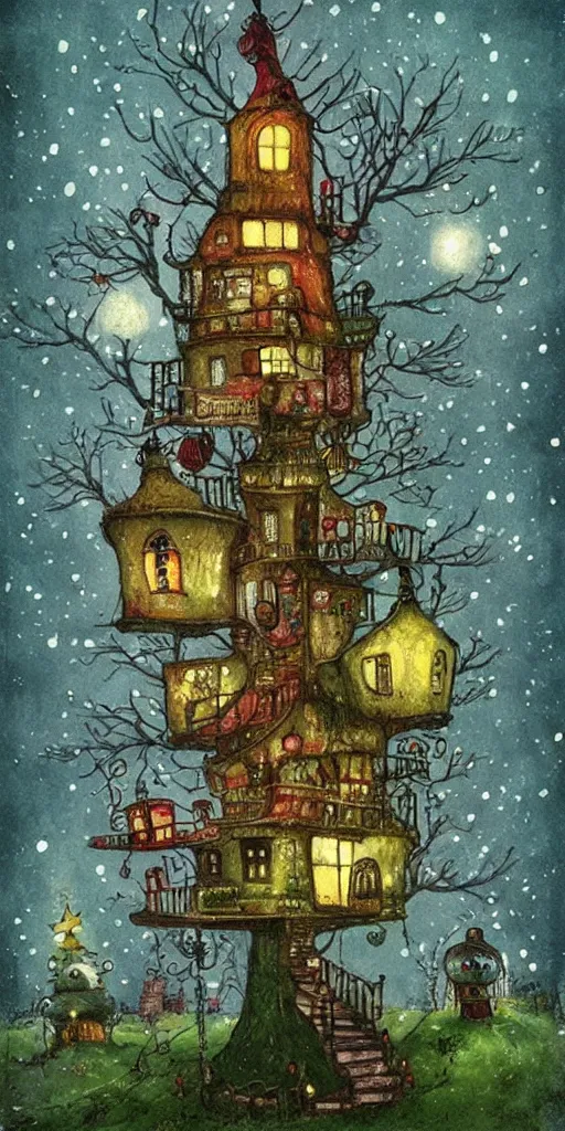 Prompt: a christmas tree house scene by alexander jansson
