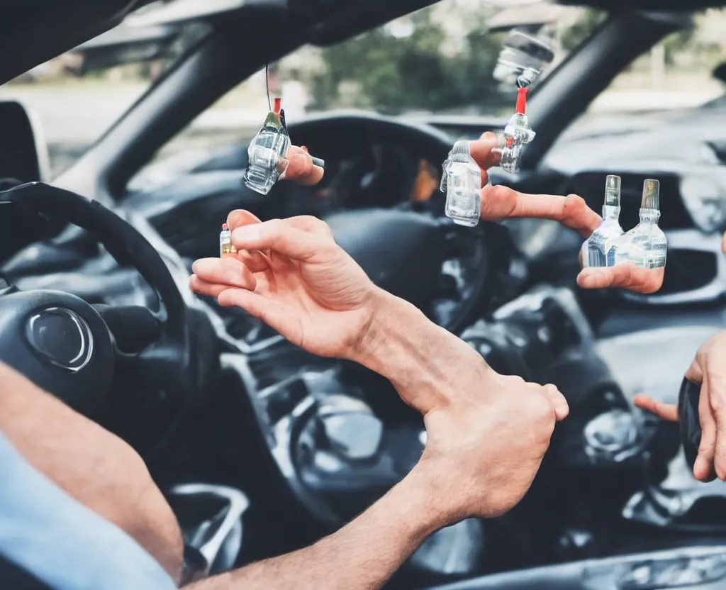 Prompt: first person point of view of man holding gasoline with his hand in a car