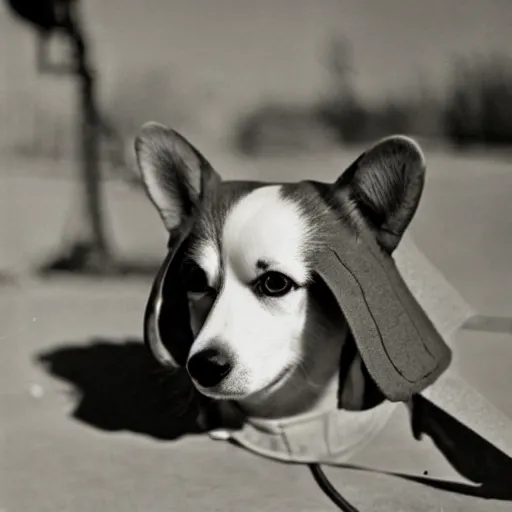 Prompt: close up of a corgi wearing soldier helmet in the battle, ww 2 historical photography, black & white