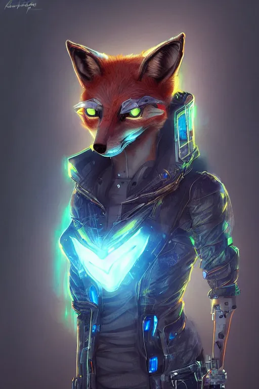 Image similar to an anthropomorphic cyberpunk fox, backlighting, trending on artstation, digital art, furry art, trending on furaffinity, fantasy art, by kawacy