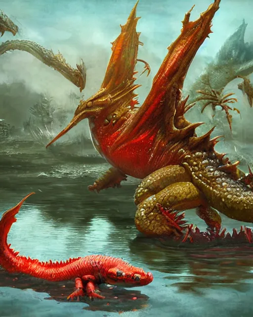 Image similar to game character beautiful giant kaiju sized pond dragon half fish half salamander, wet amphibious skin, red salamander, axolotl creature, koi pond, korean village by Ruan Jia and Gil Elvgren, fullbody