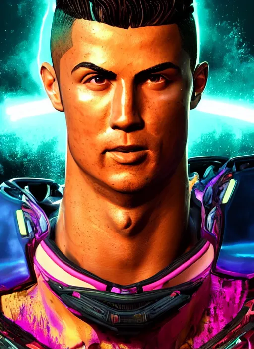 Image similar to glowwave portrait of cristiano ronaldo from borderlands 3, au naturel, hyper detailed, digital art, trending in artstation, cinematic lighting, studio quality, smooth render, unreal engine 5 rendered, octane rendered, art style by klimt and nixeu and ian sprigger and wlop and krenz cushart.