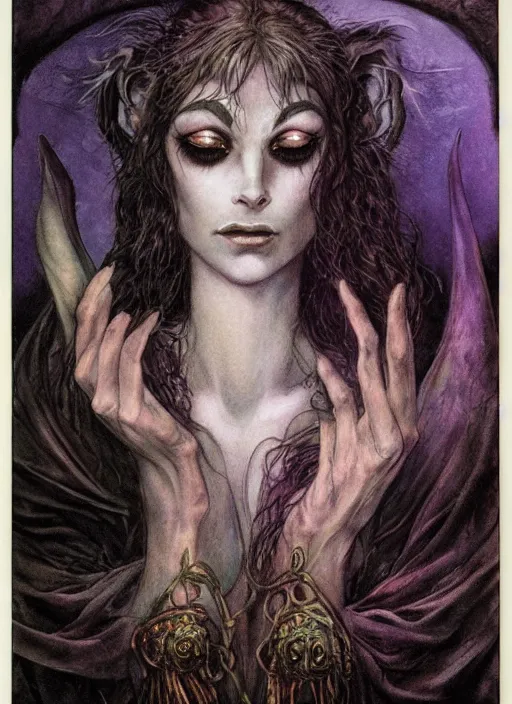 Image similar to portrait of lithe female sorceress of the fey, beautiful! coherent! dungeons and dragons character, by brian froud, strong line, night color, high contrast