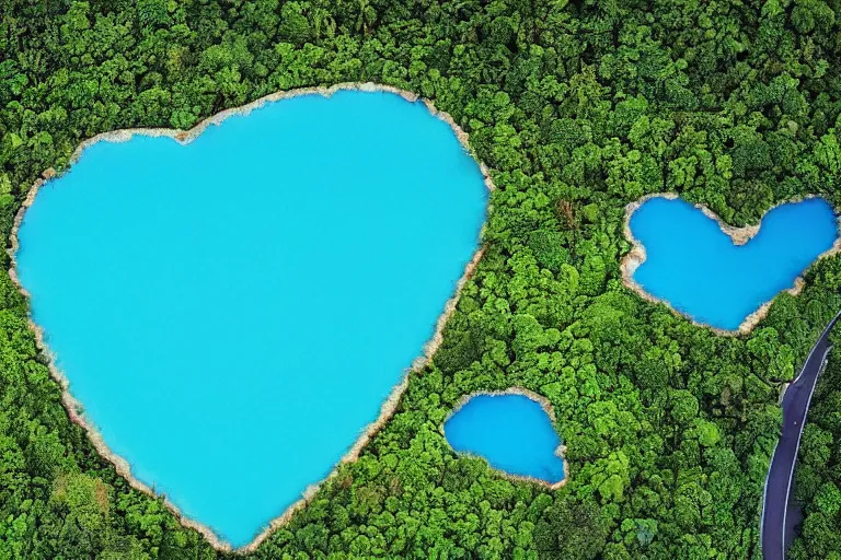 Prompt: a gigantic blue lagoon with the shape of a detailed human heart, in the middle of a exhuberant and colorful jungle, roads to the lake as veins and arteries, aerial photography by yann arthus bertrand