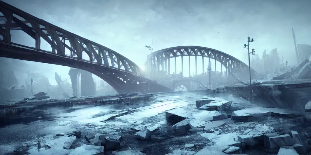 Image similar to huge white cotton everywhere on the destroyed harbour bridge, smooth, sharp focus, highly detailed, 3 d octane render, epic lighting, tragic atmosphere, lots of white cotton, 8 k, by greg rutkowski