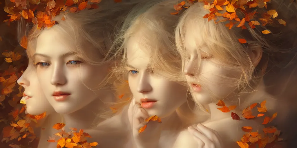 Image similar to breathtaking detailed concept art painting art deco pattern of blonde goddesses faces amalgamation autumn leaves, by hsiao - ron cheng and volegov, bizarre compositions, exquisite detail, extremely moody lighting, 8 k