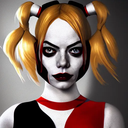 Image similar to portrait of emma stone as harley quinn, au naturel, hyper detailed, digital art, trending in artstation, cinematic lighting, studio quality, smooth render, unreal engine 5 rendered, octane rendered, art style by klimt and nixeu and ian sprigger and wlop and krenz cushart.