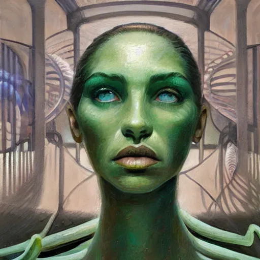 Prompt: detailed face of a woman with green eyes in a biomorphic courtyard with dna sculptures at a science expo, atmospheric, ambient, pj crook, syd mead, livia prima, artgerm, greg rutkowski, nick alm, casey baugh