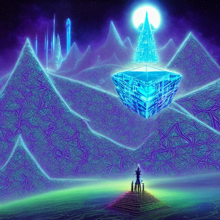 Prompt: mysterious satellites over epic mystical crystal temple, infinite fractal tesseract, quantum waves, synthwave, bright neon colors, highly detailed, cinematic, tim white, vladimir kush, jim burns, bob eggleton, philippe druillet, kubrick, aubrey beardsley, michael whelan, alfred kelsner, boris vallejo