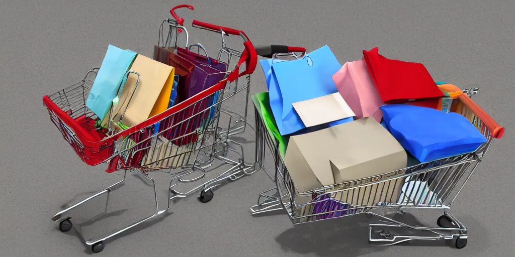 Image similar to a homeless person's shopping cart filled with dirty belongings, photorealistic