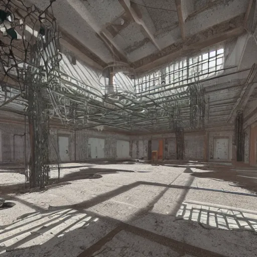 Image similar to Interior of a dusty abandoned Soviet university with dangling vines, constructivism, hyperdetailed, artstation, cgsociety, 8k