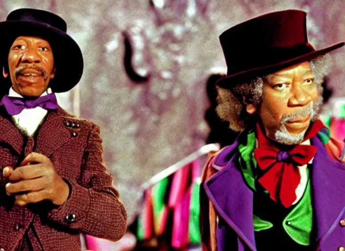 Image similar to a film still of Morgan Freeman as Willy Wonka in Willy Wonka and the Chocolate Factory 1971