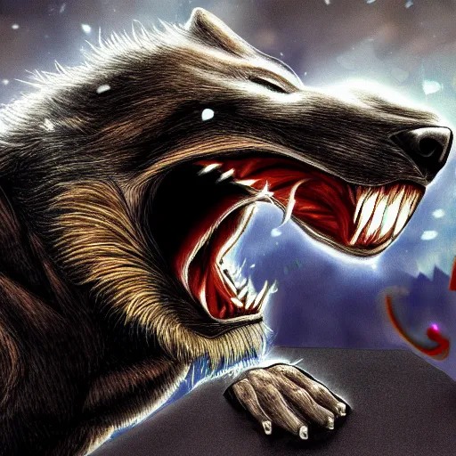 Prompt: angry werewolf at laptop with crashing windows 9 5