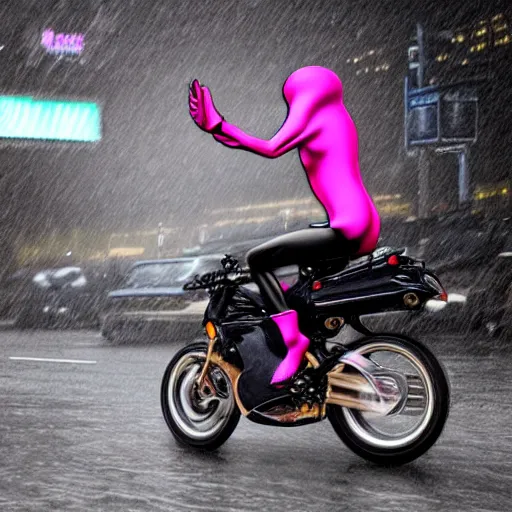 Prompt: hyper realistic, photo, humanoid pink female Squid girl, riding a motorcycle wheelie fast in the rainy city traffic