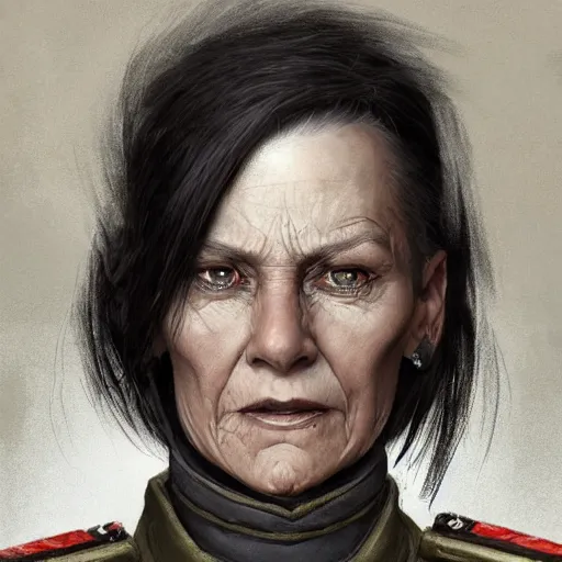 Prompt: portrait of the woman called ss - kerstin. she is 6 0 years old and has strange short spiky gray hair and has an evil look. she is the general of the german army. detailed digital art by greg rutkowski, thomas kinkade and keith parkinson, artstation, cgsociety, 8 k, hd