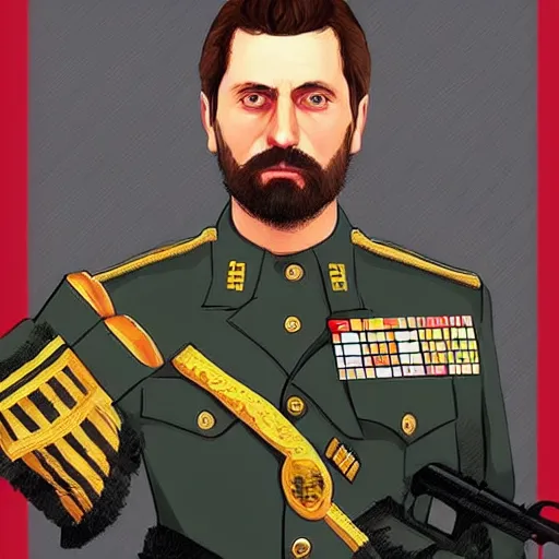 Image similar to “Zelensky with a beard wearing military uniform in GTA V, cover art by Stephen Bliss, Boxart, loadscreen”