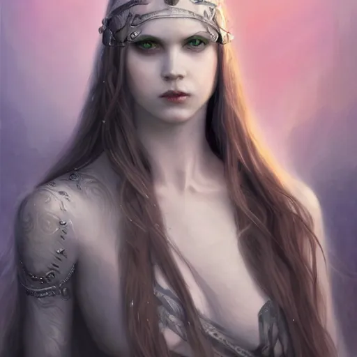 Image similar to Hel goddess of the death, long dark hair, pale skin, viking culture, gorgeous, amazing, elegant, intricate, highly detailed, digital painting, artstation, concept art, sharp focus, illustration, art by John la farge