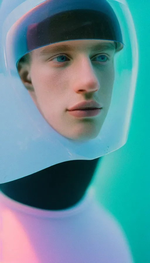 Image similar to high quality pastel coloured film mid angle portrait photograph of a beautiful young 2 0 year old male, soft features, short hair, perspex space visor and oversized inflated clothing!!!! icelandic black! rock pool environment. atmospheric three point light. photographic. art directed. ( pastel colours ). volumetric. clearcoat. waves. 8 k. filmic.