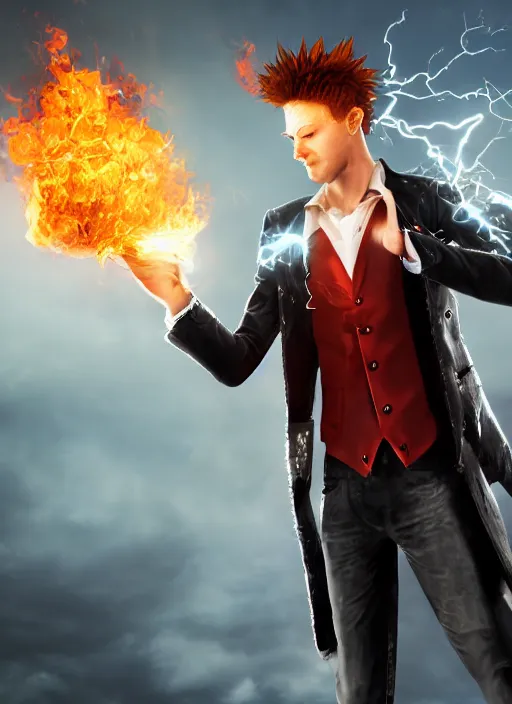 Prompt: photorealistic young man with red spiked long hair, using googles. Wearing black waistcoat, white shirt. throwing fire blast from his hands. rockstar. dynamic lightning. rpg portrait