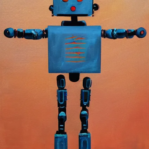 Prompt: oil painting, motionless rusty humanoid robot has its right arm raised towards the blue sky, branches with leaves come out of its raised arm.