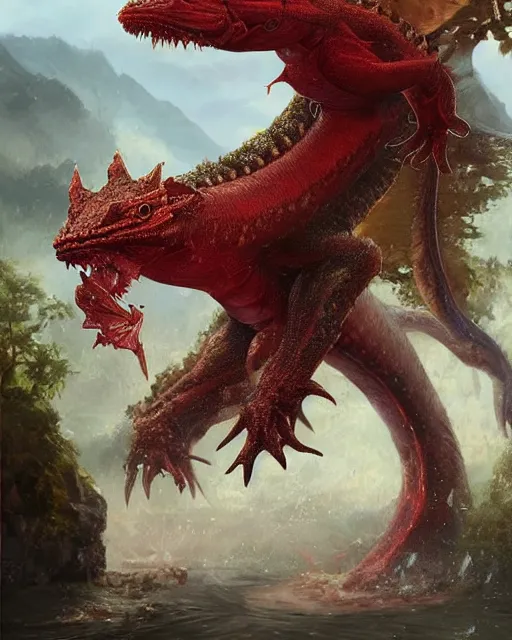 Prompt: game character beautiful giant kaiju sized dragon half fish half salamander, wet amphibious skin, red salamander, axolotl creature, korean village by Ruan Jia and Gil Elvgren, fullbody