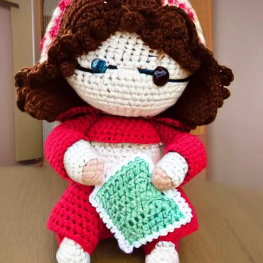 Image similar to product image of a cute crochet grandma made of crochet who's making a crochet. high resolution