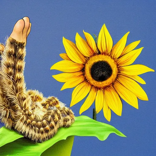 Prompt: still life of a foot, a tarantula, and a sunflower, blue background, dynamic composition, saturated colors