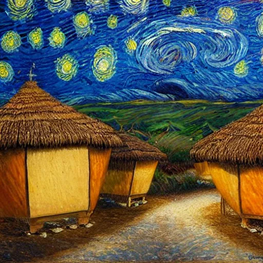 Image similar to Painting by Greg Rudkowski, A large ceramic jar with gold ornaments flies high in the starry night sky above small huts under thatched roofs