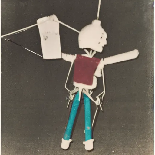 Image similar to 1 9 5 0 s, creepy marionette puppet jumping towards viewer, horror, lost photograph, forgotten, polaroid,