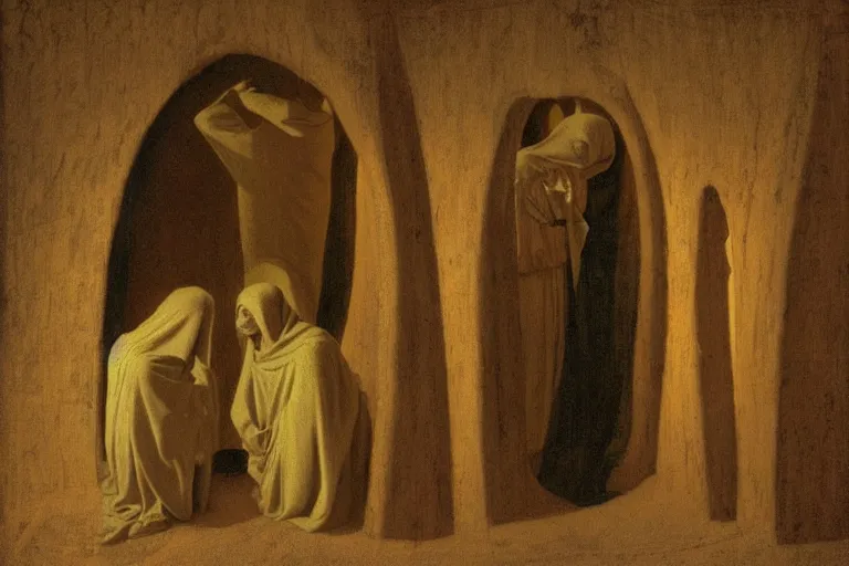 Image similar to inside the tomb of jesus, dark scene, light coming in from the left, small steps leading down, 3 marys crouching in colored robes at the tomb | 2 angels on the right side | medium close | fibonacci composition, by odd nerdrum