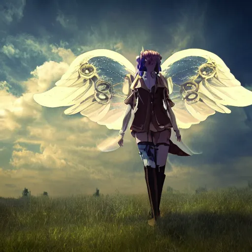 Prompt: cinematic photograph of a steampunk angel doing magic, mystical, fantasy, cyberpunk, anime, studio ghibli, particles, clouds, sky, grass, blue magic, beautiful, cinematic lighting,