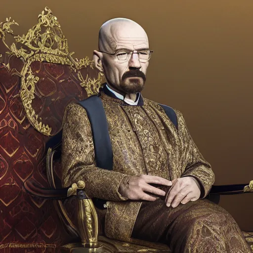 Prompt: Walter White, Ottoman Sultan, ottoman attire, sitting on a throne in a majestic palace , 1900, photorealistic, ultra-detailed, 4k high resolution, HDR shot