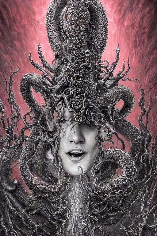 Image similar to realistic portrait of beautifully crystalized and detailed portrait of a necromancer, tentacles, tendrils, eldritch, matte painting of cinematic movie scene red dragon, horror, created by gustave dore and greg rutkowski, high detailed, smooth draw, synthwave neon retro, intricate, realistic proportions, dramatic lighting, trending on artstation.