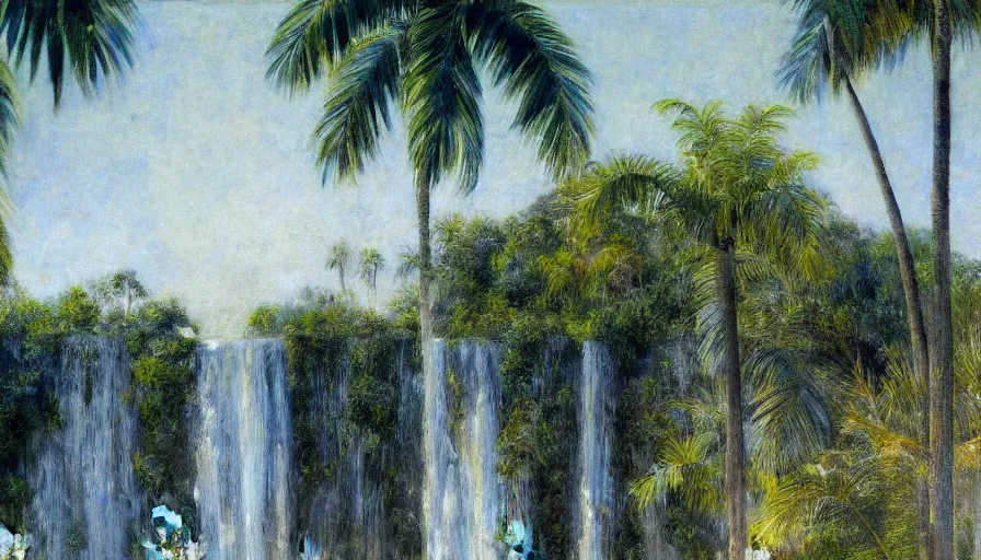 Image similar to a ultradetailed beautiful painting of the diamonds waterfall in the amazonas palace balustrade designed by jules bastien - lepage, tarsila do amaral, frank weston and gustave baumann, beach, trending on artstation, mediterranean, palm trees, sharp focus, soft light, 8 k 4 k