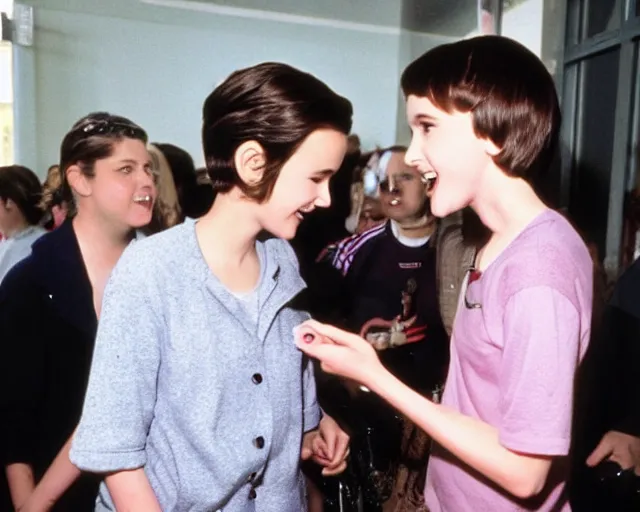 Prompt: winona ryder at age 12 meeting millie bobby brown for coffee, candid shot, TMZ, by cameldeath