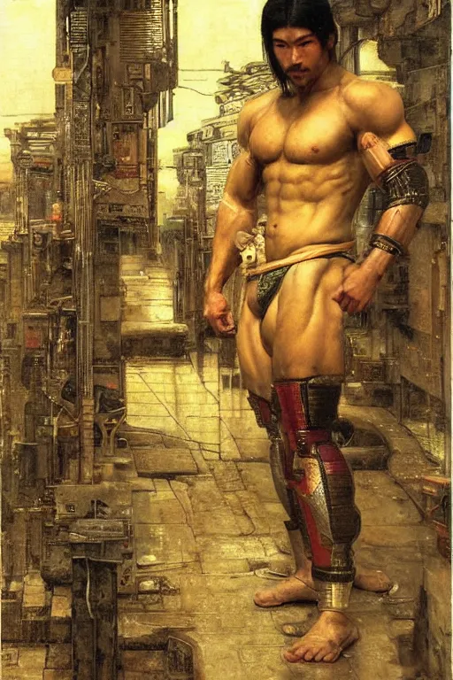 Image similar to cyberpunk ancient japanese city, orientalist intricate portrait of a muscular man by john william waterhouse and edwin longsden long and theodore ralli and nasreddine dinet, hyper realism, dramatic lighting