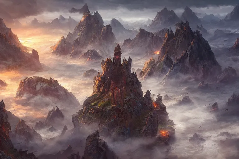 Image similar to high aerial shot, fantasy landscape, sunset lighting ominous shadows, cinematic fantasy painting, dungeons and dragons, coastline of fishing villages by jessica rossier and brian froud