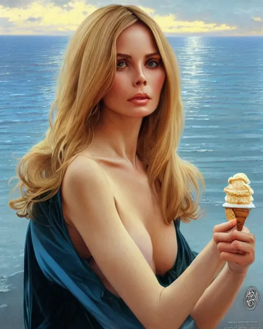 Prompt: Portrait of a blonde Barbara Bach from the bond film eating ice creams in Porto,real life skin, intricate, elegant, highly detailed, artstation, concept art, smooth, sharp focus, art by artgerm and greg rutkowski and alphonse mucha