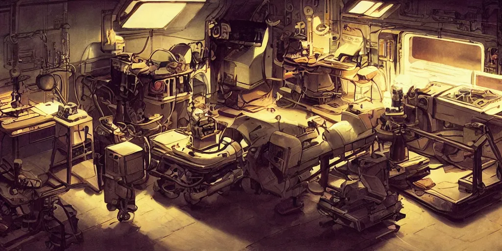 Image similar to concept art, intimate, retro, atomic age, droid repair workshop, 7 0 s aesthetics and palette, soft lighting, syd mead, akihiko yoshida, cinematic