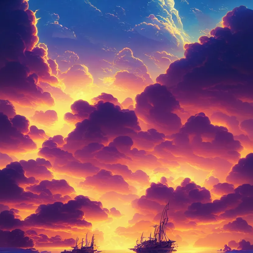 Prompt: treasure planet, clouds, water, beautiful lighting, vivid colors, intricate, elegant, smooth, sharp focus, highly detailed digital painting, concept art, cinematic, unreal engine, 4 k wallpaper, art by syd mead, terada katsuya, atey ghailan, svetlin velinov, cgsociety, artstation trending