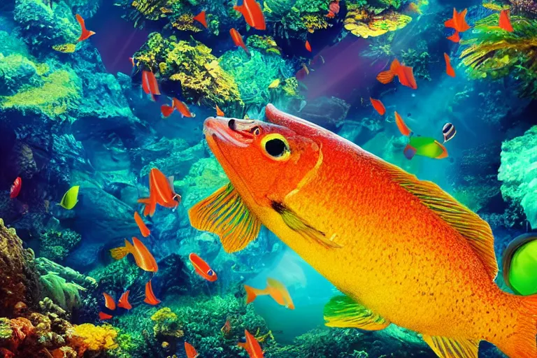 Prompt: ultra realistic underwater photography, panoramic picture of a river with ( subject : a very big exotic brightly coloured fish ). lots of bubbles. wavy, scattered light entering from the water surface, artstation, focus on the fish, extremely hyperrealistic crisply sharp fish, 8 k