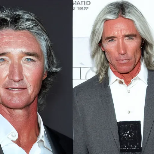 Image similar to patrick duffy mixed with iggy pop, he has very long straight grey hair, wearing a white shirt