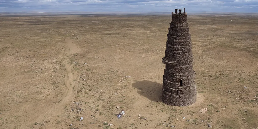 Prompt: a great unknowable tower piercing the ground in a small town on the eurasian steppe
