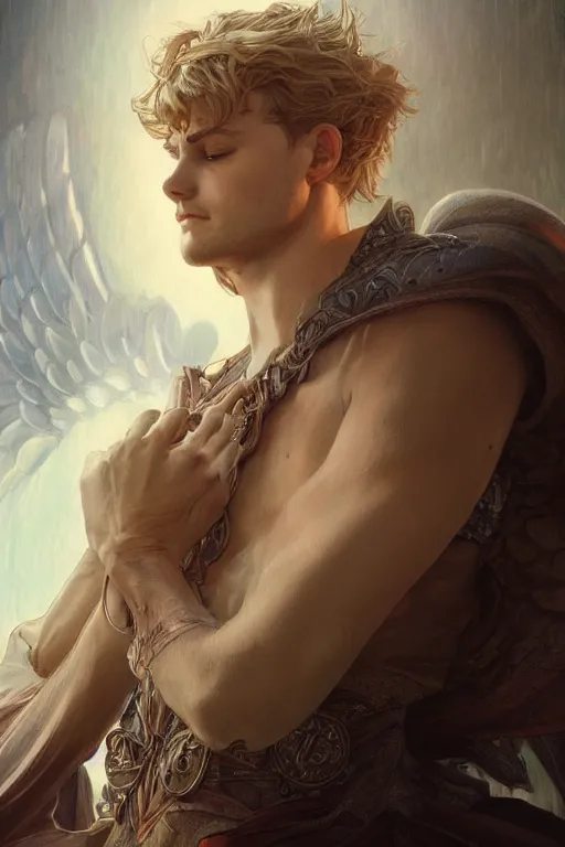 Image similar to up close portrait of a male angel, d & d, face, fantasy, intricate, elegant, highly detailed, digital painting, artstation, concept art, smooth, sharp focus, illustration, art by artgerm and greg rutkowski and alphonse mucha