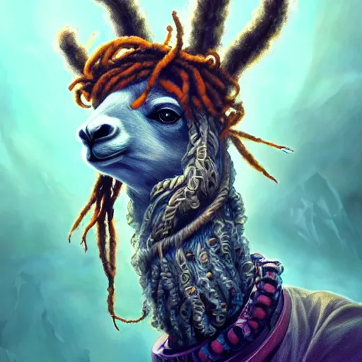 Image similar to llama with dreadlocks, industrial sci-fi, by Mandy Jurgens, Ernst Haeckel, James Jean, artstation, concept art, with beautiful colors