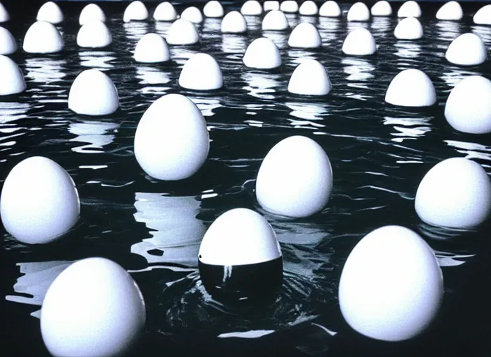 Prompt: realistic photo of a group of common girls in white tights, wearing white spherical helmets, in a big white plastic sci - fi egg - like pool with black water, in a center of the pool with black oil water, the sky is grey 2 0 0 0, life magazine photo,