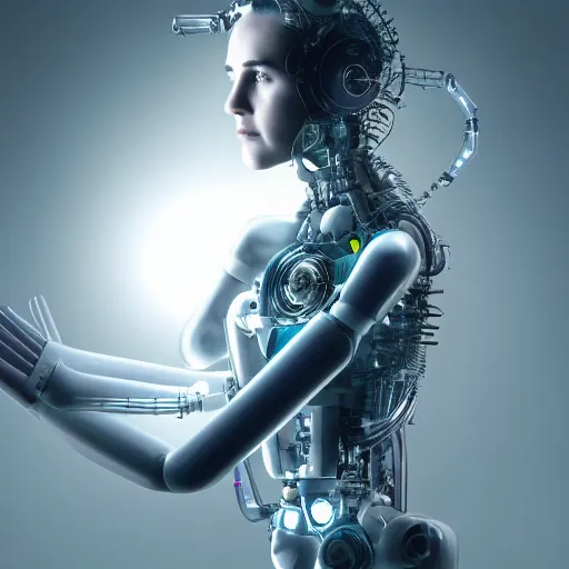 Image similar to beautiful centered Fine art photo portrait of enraptured young Jennifer Connelly as a solarpunk robotic humanoid, white mechanical parts with led lights, photorealistic, white background, highly detailed and intricate, sunset lighting, HDR 8k