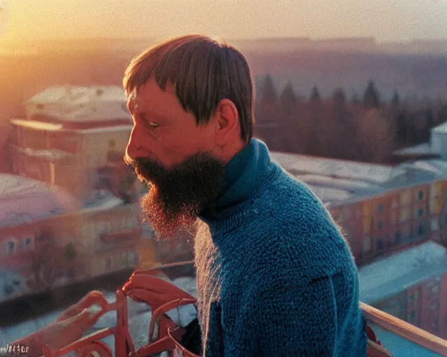 Image similar to lomographic tarkovsky film still of 4 0 years russian man with beard and sweater standing on small hrushevka 9 th floor balcony in taiga looking at sunset, perfect faces, cinestill, bokeh